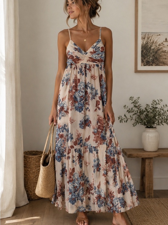 Abercrombie & Fitch Dresses & Skirts - Abercrombie & Fitch Cream Smocked Maxi Dress with Blue & Rust Floral Print